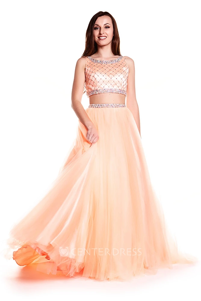 A-Line Scoop Neck Sleeveless Beaded Tulle Prom Dress With Illusion Back