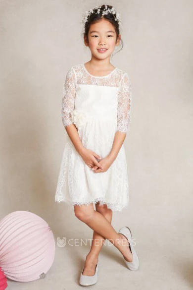 A-Line Floor-Length Half-Sleeve Scoop-Neck Lace Flower Girl Dress