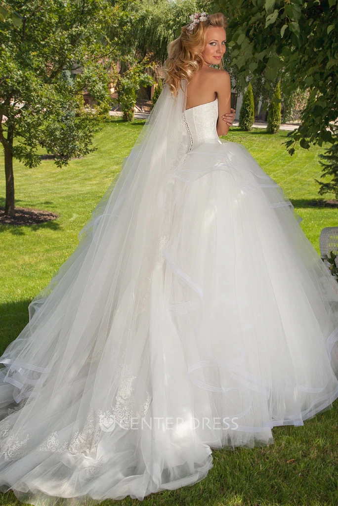 Maxi Sweetheart Floral Draped Tulle Wedding Dress With Chapel Train And Corset Back