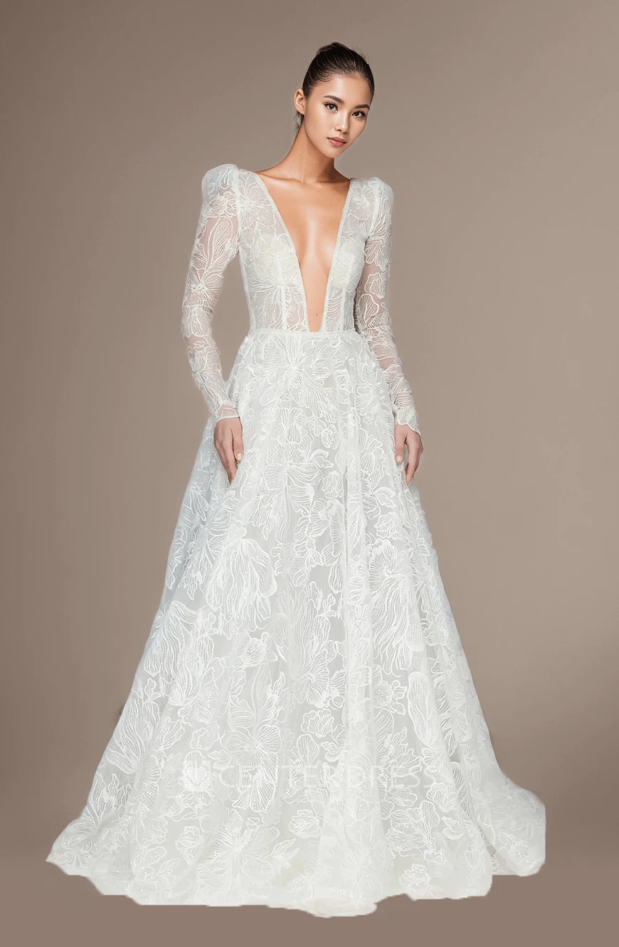 A-Line Plunging Neckline Lace Long Sleeve Wedding Gown Button Illusion Back Floor-length Bridal Gown