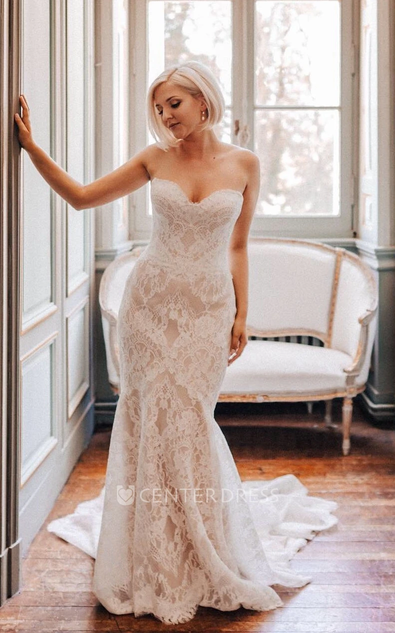 Mermaid Sweetheart Wedding Dress Neck Strapless Lace Sexy Court Train with Button Back
