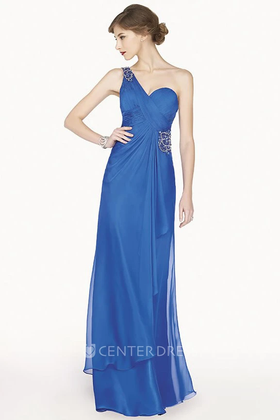 Crystal Single Strap Chiffon Long Prom Dress With Side Drape And Back Keyhole