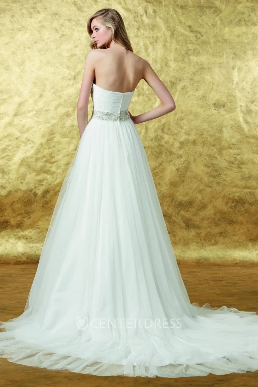 Floor-Length Sweetheart Jeweled Tulle Wedding Dress With Court Train And V Back