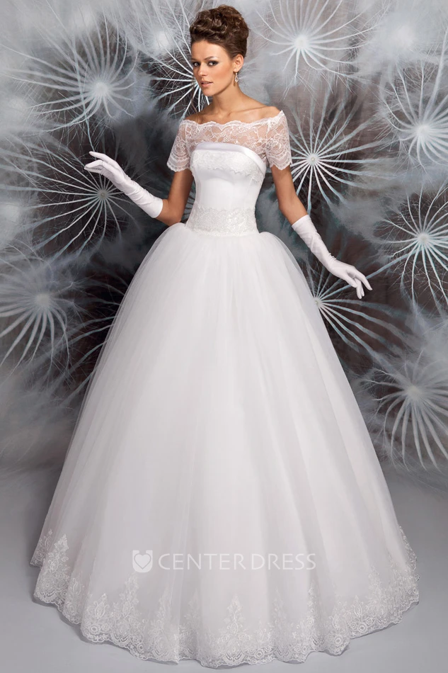 A-Line Floor-Length Appliqued Off-The-Shoulder Short Sleeve Tulle Wedding Dress