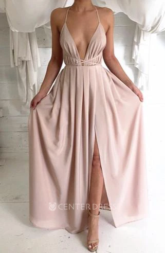 Sexy V-neck Spaghetti Strap Prom Dress With Front Split