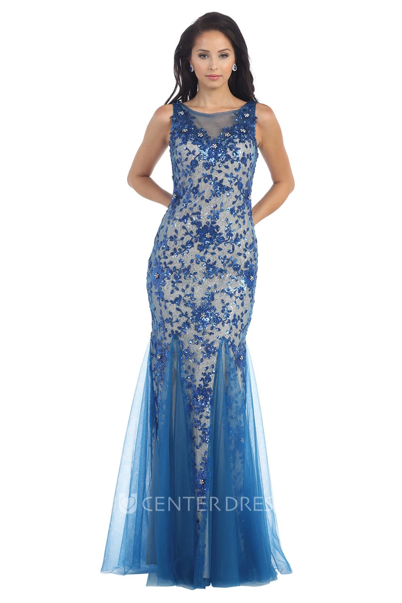 Sheath Floor-Length Bateau Sleeveless Tulle Deep-V Back Dress With Sequins