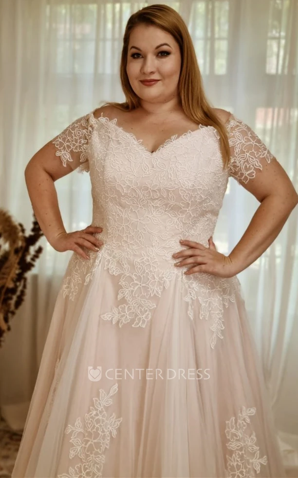 A Line Modest Off-the-shoulder Tulle Sweep Train Spring Wedding Dress with Appliques
