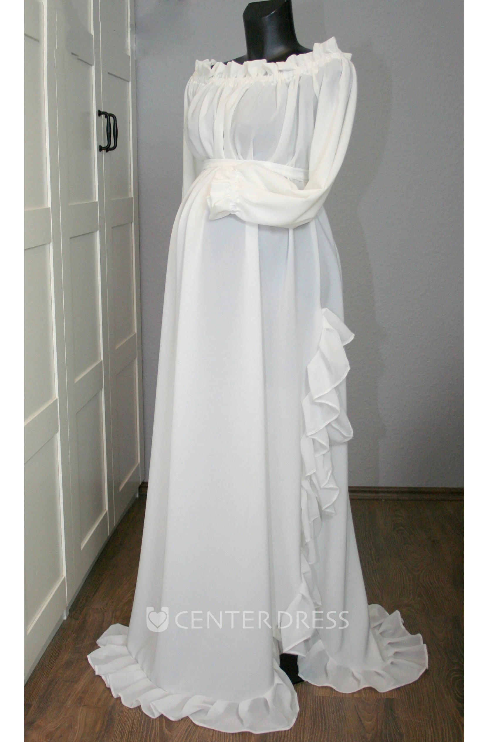 A Line Sweep Brush Train Long Sleeve Empire Maternity Wedding Dress
