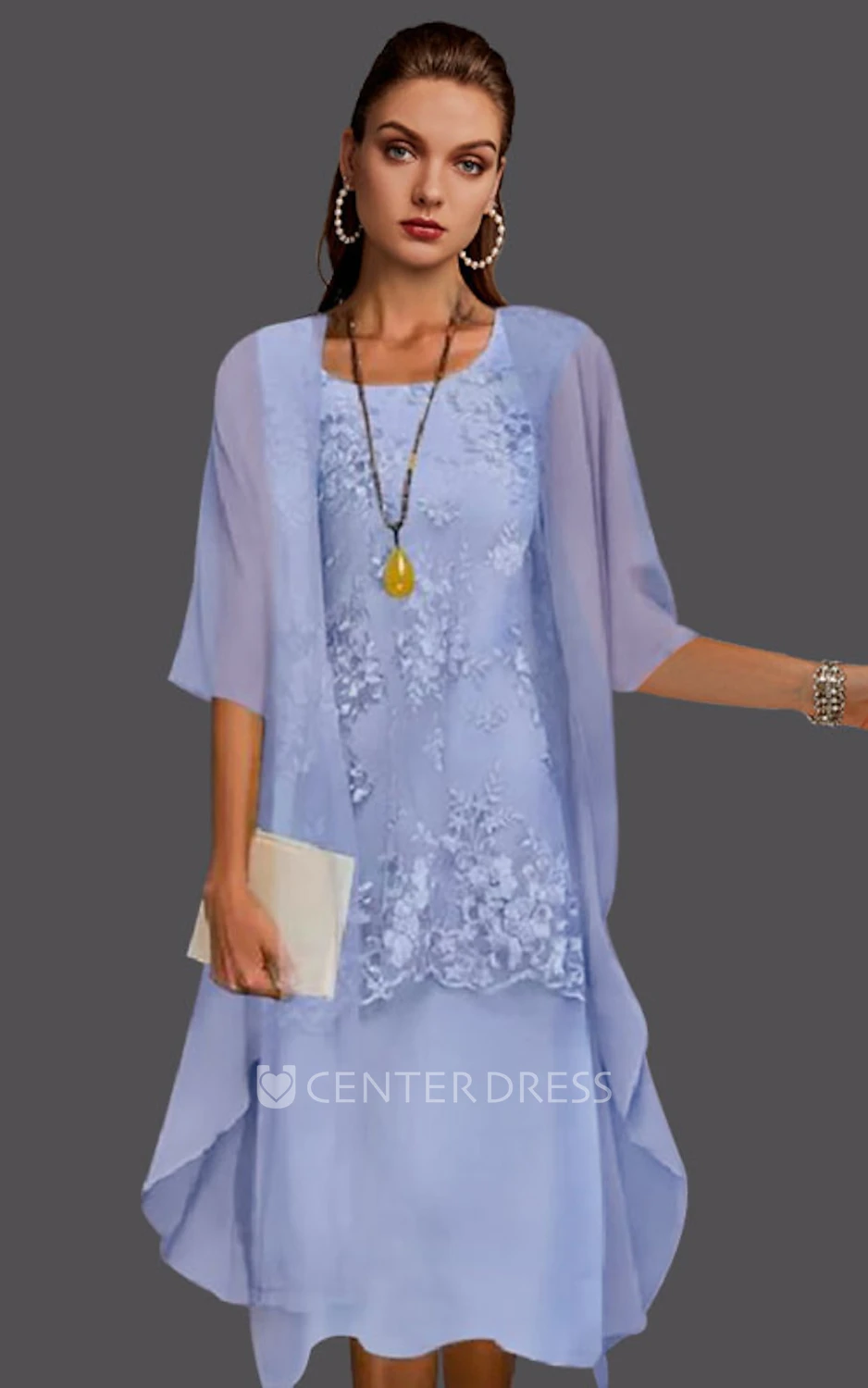 Knee-length Mother of the Bride Dress with Illusion Sleeves and Chiffon Skirt Elegant