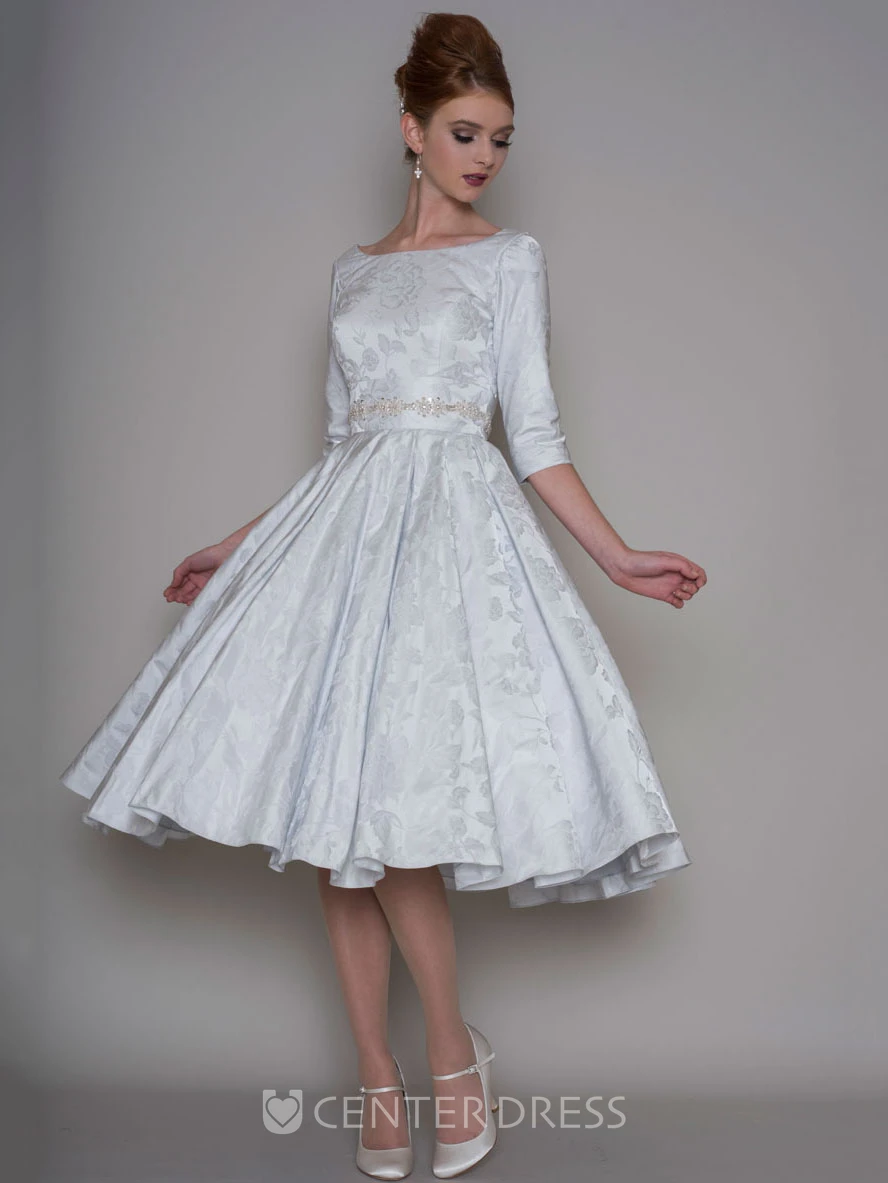 A-Line Tea-Length 3-4 Sleeve Bateau Neck Jeweled Satin Warm Wedding Dress