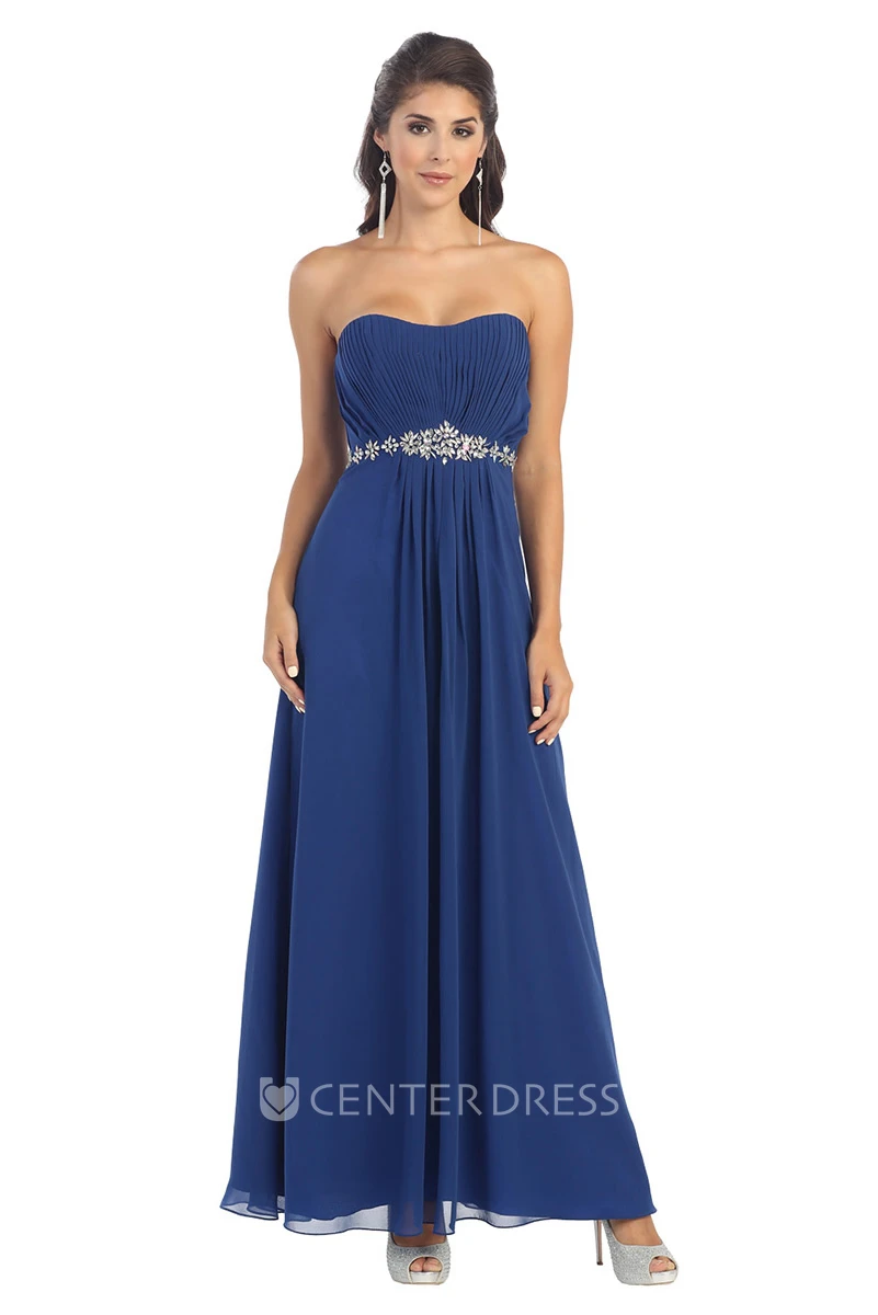 A-Line Strapless Chiffon Corset Back Dress With Waist Jewellery And Pleats