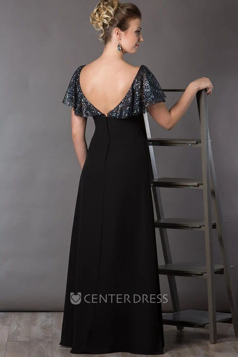 Bateau V Back Sequin Top Chiffon Long Mother Of The Bride Dress With Short Batwing Sleeve