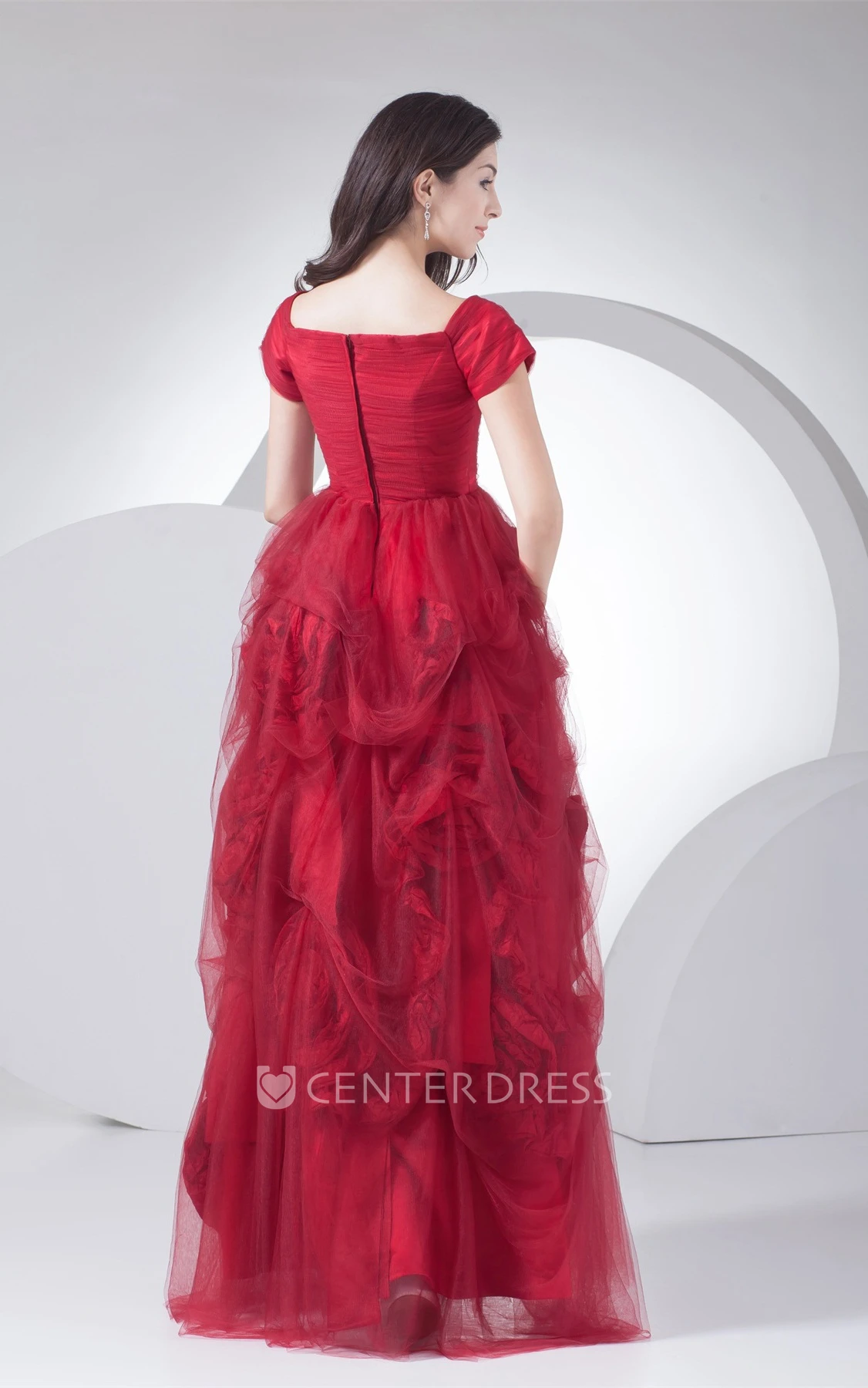 Short-Sleeve A-Line Tulle Prom Gown with Ruffles and Flower