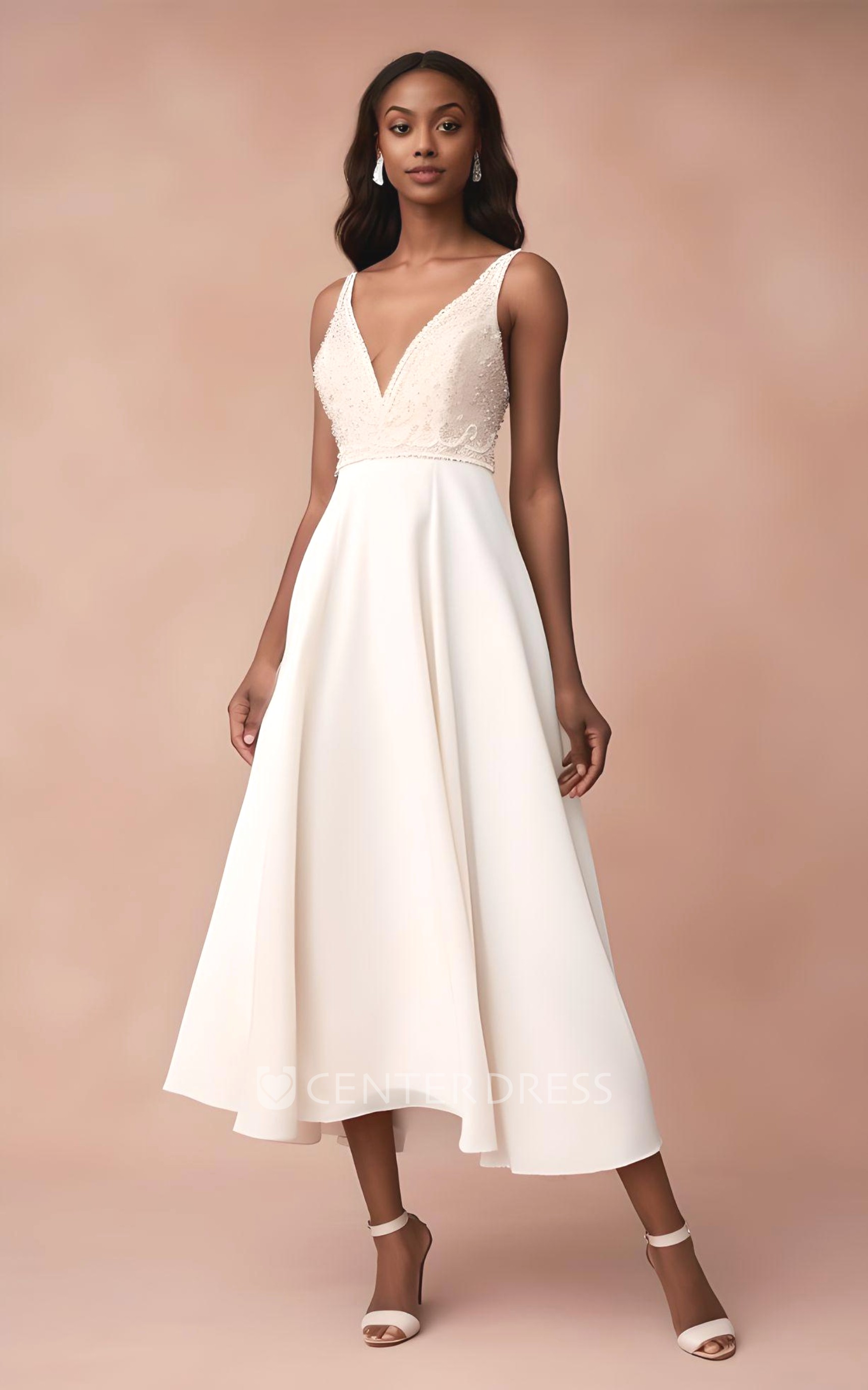 V neck tea shop length wedding dress