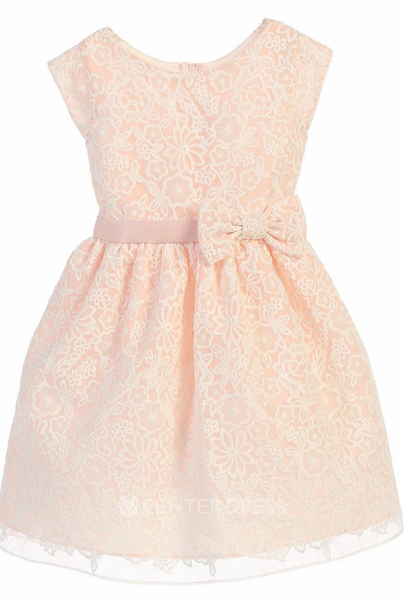 Floral Midi Bowed Cap-Sleeve Organza&Satin Flower Girl Dress With Embroidery