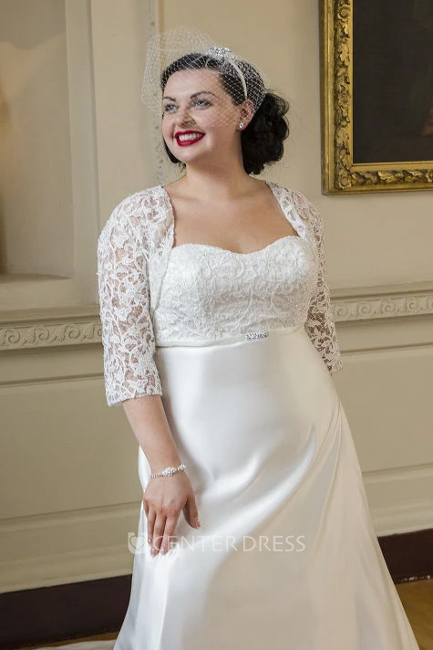 Sweetheart Taffeta Bridal Gown With Lace Bodice And 3-4-Sleeve Jacket