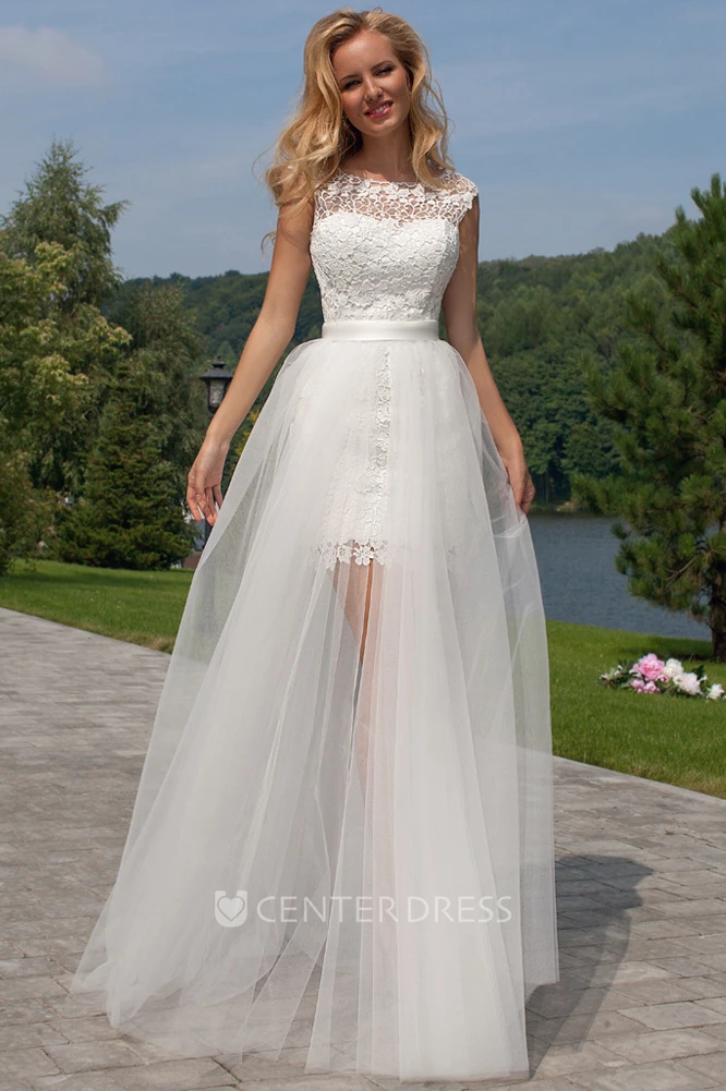 Sleeveless Scoop-Neck Maxi Tulle&Lace Wedding Dress With Keyhole