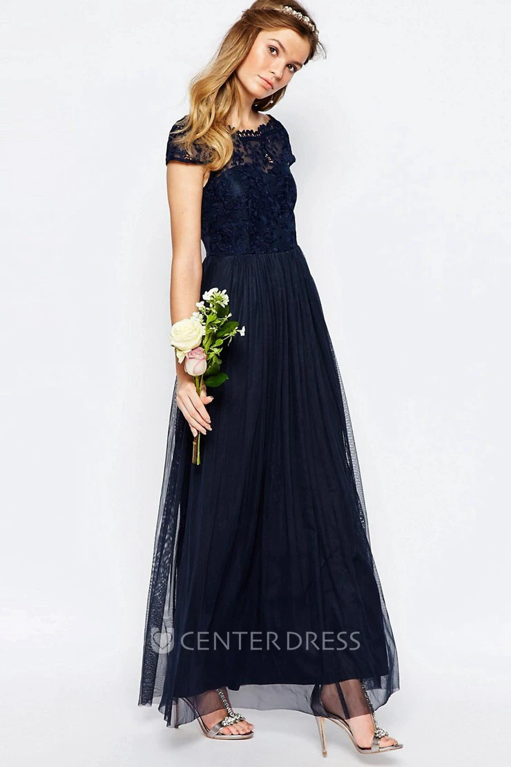 A-Line Appliqued Bateau-Neck Floor-Length Short-Sleeve Chiffon Bridesmaid Dress With Pleats