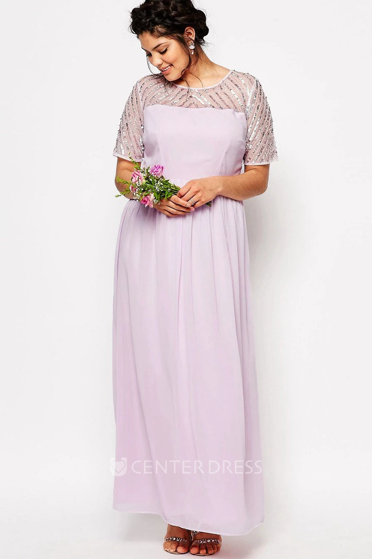 Sheath Short-Sleeve Scoop-Neck Ankle-Length Chiffon Bridesmaid Dress With Sequins