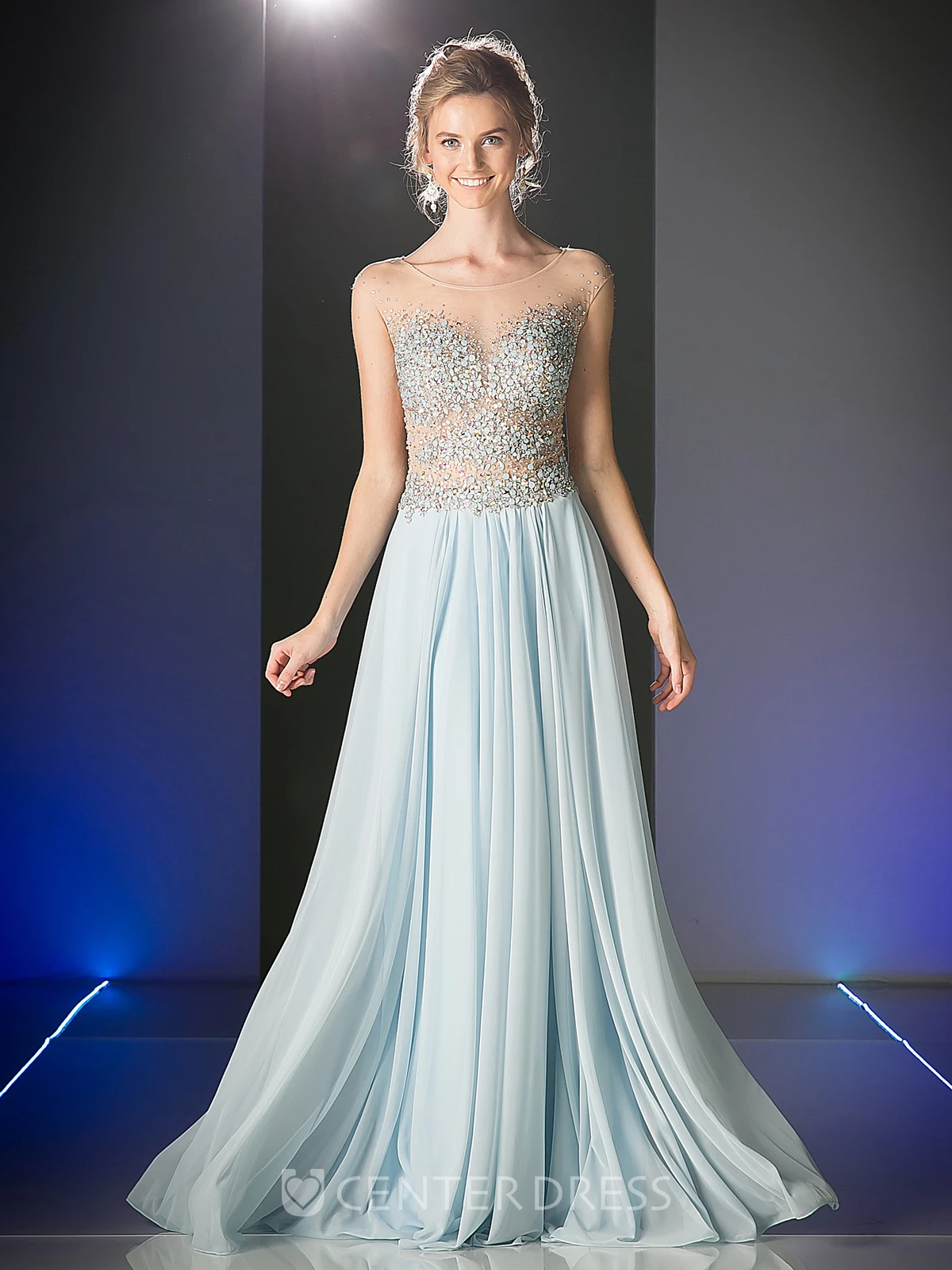 A-Line Scoop-Neck Cap-Sleeve Chiffon Keyhole Dress With Beading And Pleats