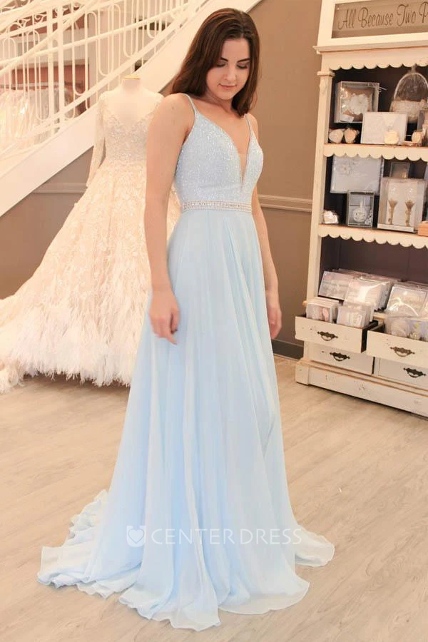 Sleeveless Sweep Brush Train A-Line Spaghetti Chiffon Dress