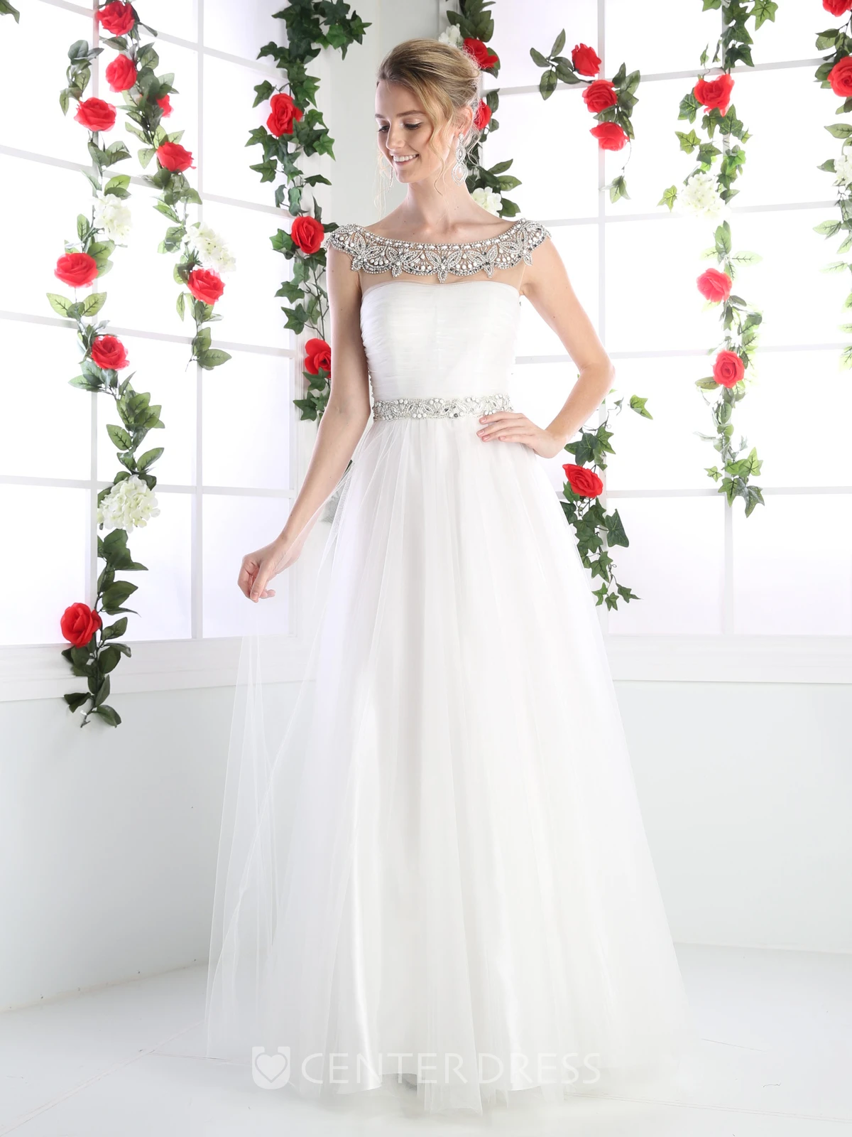 A-Line Long Scoop-Neck Cap-Sleeve Tulle Illusion Dress With Beading And Ruching