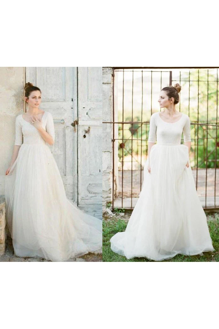 A Line Scoop Lace Tulle Zipper Wedding Gown