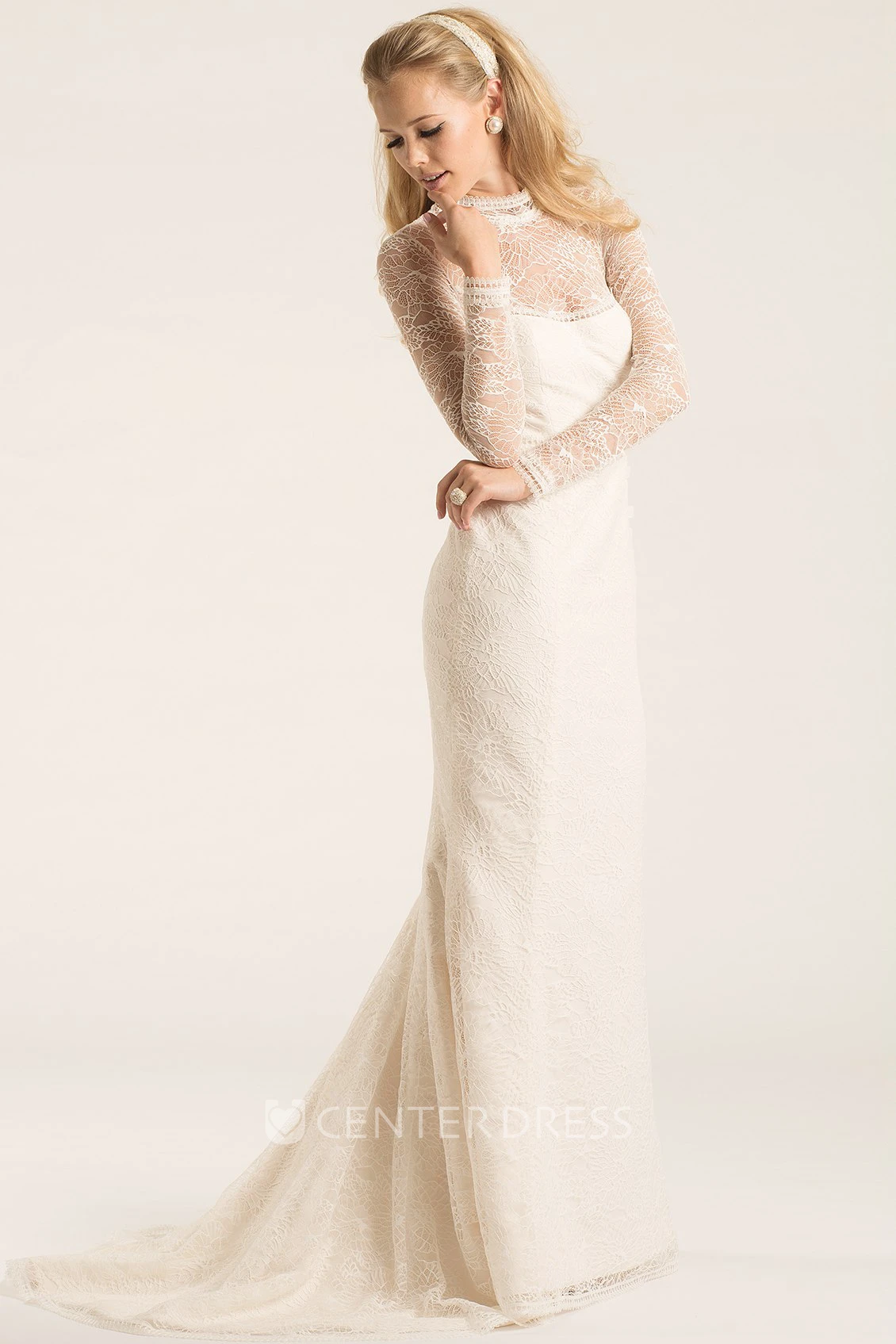 Sheath Long-Sleeve High Neck Long Lace Wedding Dress With Illusion