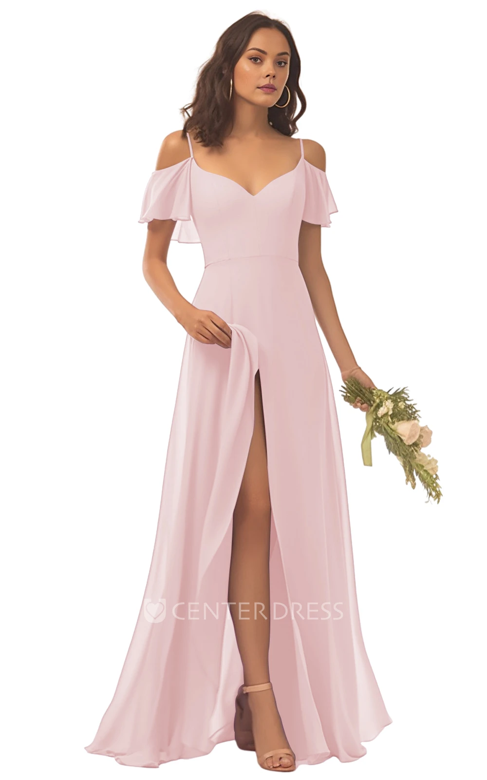 Spaghetti Chiffon Bridesmaid Dress with A-Line and Split Front Beautiful and Modern