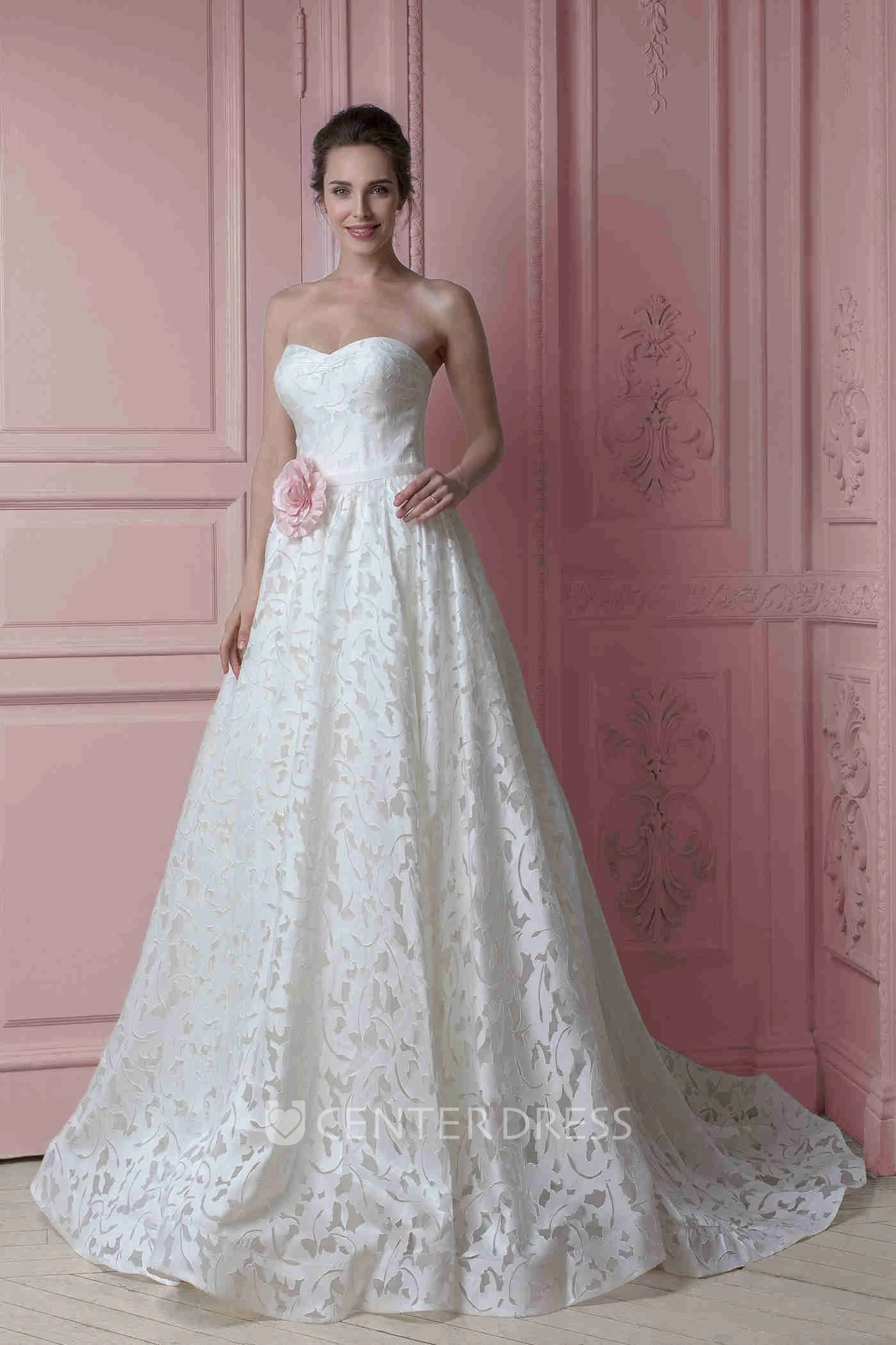 V-neck Floral Cap sleeve Wedding Gown with Lace Corset and Asymmetrical  Ruffles and Lace-up Back - UCenter Dress