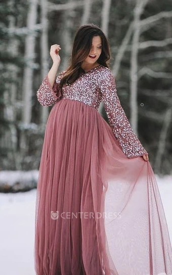 V-neck Grape Tulle A-Line Casual Formal Dress With Long Sleeve And Sequins