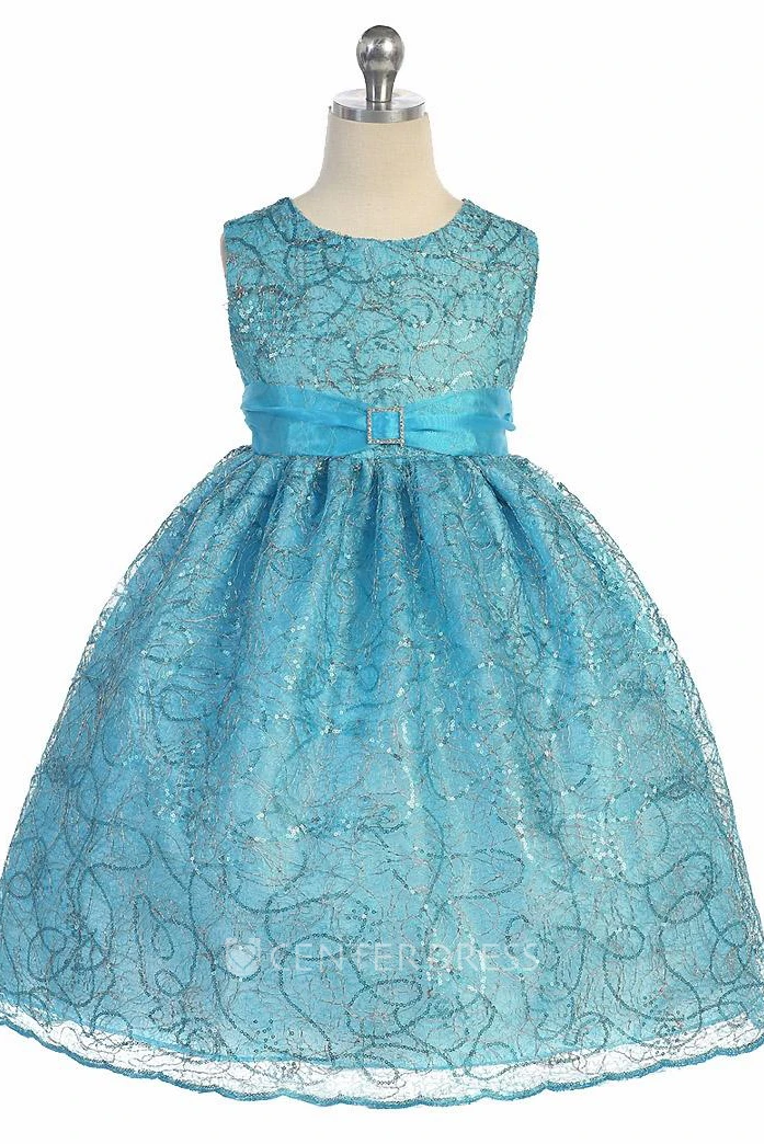 Tea-Length Broach Tiered Beaded Sequins&Organza Flower Girl Dress With Sash