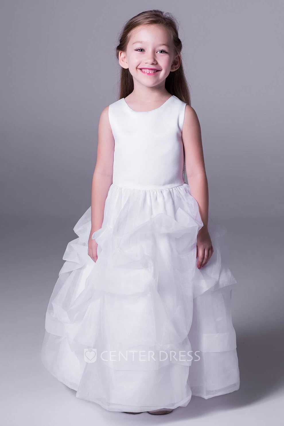 A-Line Scoop-Neck Sleeveless Floor-Length Pick-Up Satin Flower Girl Dress