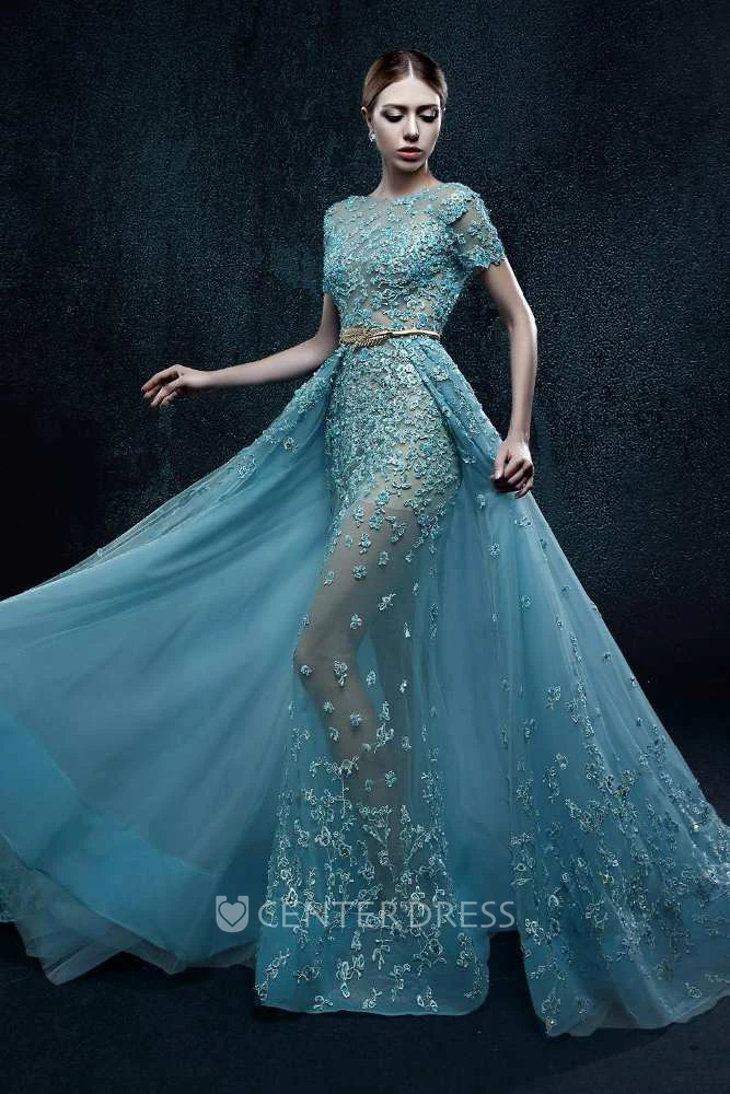 Short Sleeve Bateau Neck Pleated A-line Organza Dress With Flowers