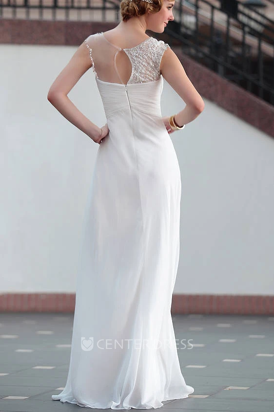 Sheath Floor-Length Criss-Cross Scoop Cap-Sleeve Chiffon Wedding Dress With Keyhole Back And Beading
