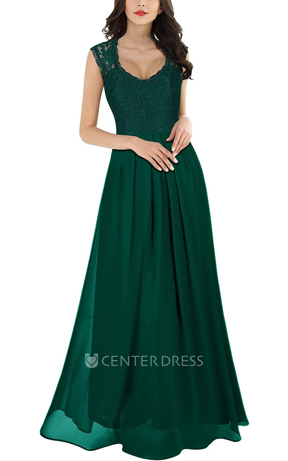 Romantic Sleeveless Lace Chiffon Scalloped A Line Evening Dress With Ruffles