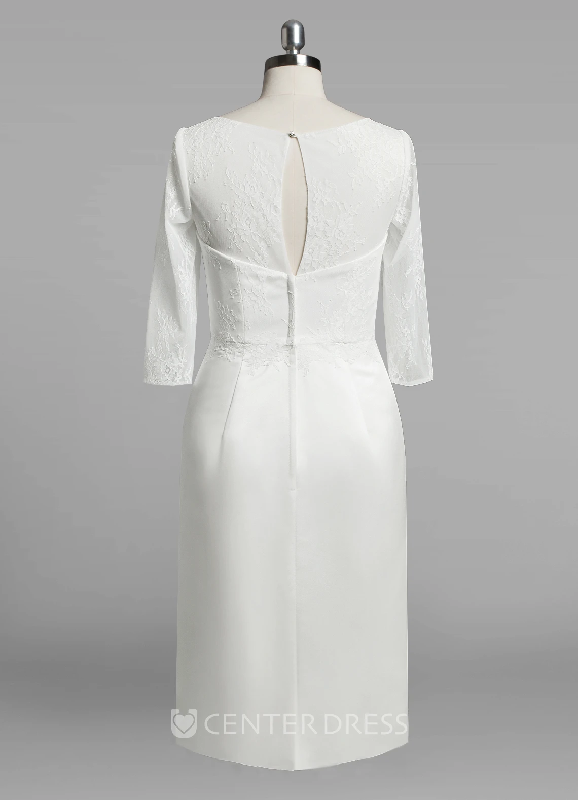 Scoop Neck 3 4 Sleeve Sheath Satin Wedding Dress With Lace Bodice