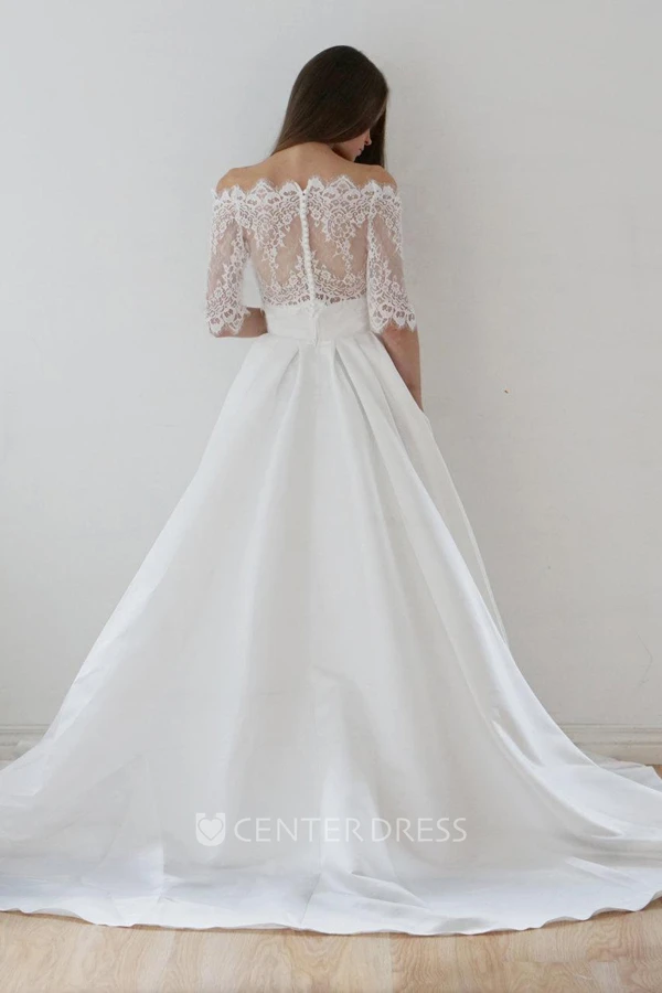 Off-The-Shoulder Lace A-Line Satin Two-Piece Spring Wedding Dress With Sweep Train