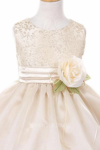 Tea-Length Tiered Organza&Satin Flower Girl Dress