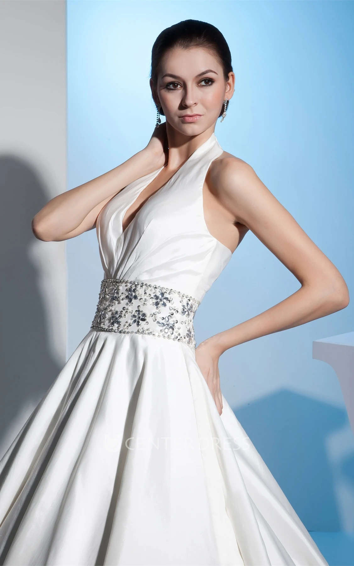 Halter Sleeveless Ball Gown Satin Wedding Dress with Beaded Waist