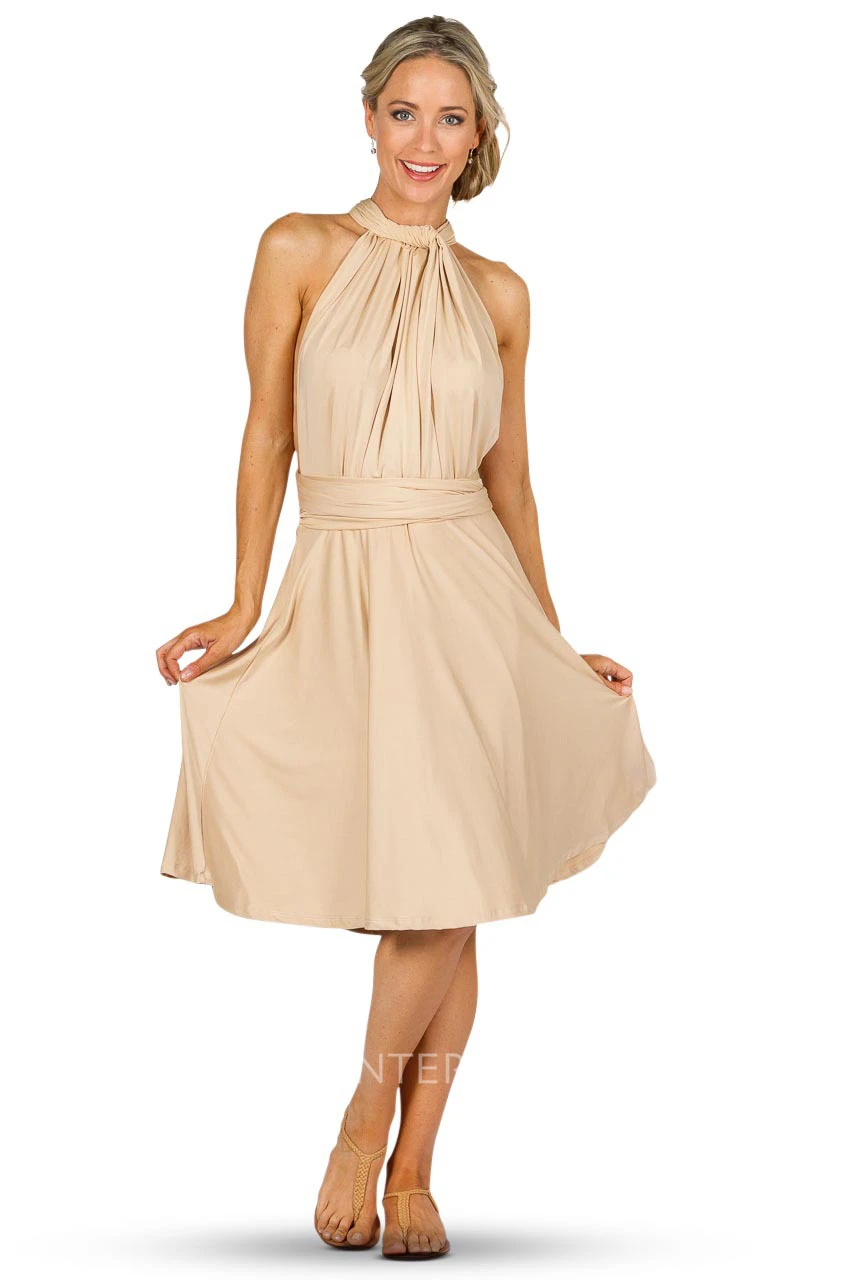 Knee-Length Sleeveless Ruched One-Shoulder Chiffon Convertible Bridesmaid Dress With Straps