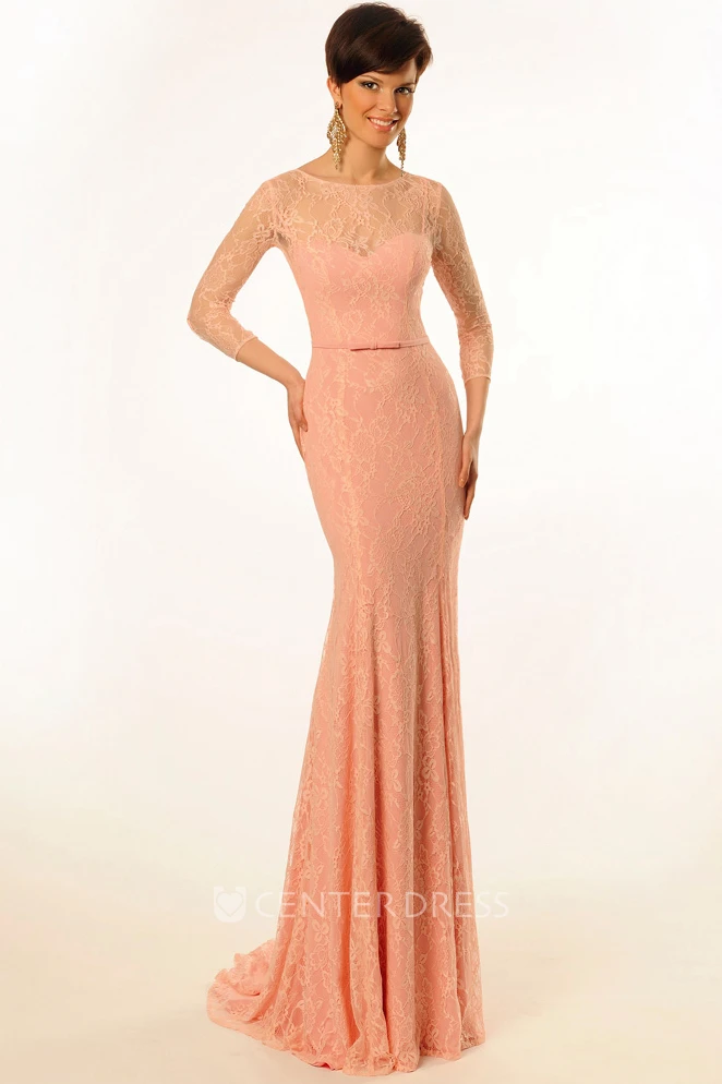Sheath Long-Sleeve Scoop-Neck Floor-Length Lace Prom Dress