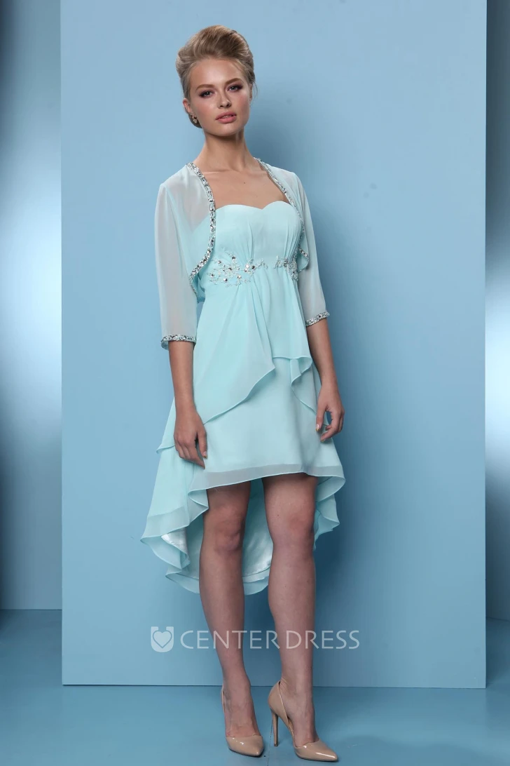 High-Low Sleeveless Sweetheart Beaded Chiffon Bridesmaid Dress With Draping
