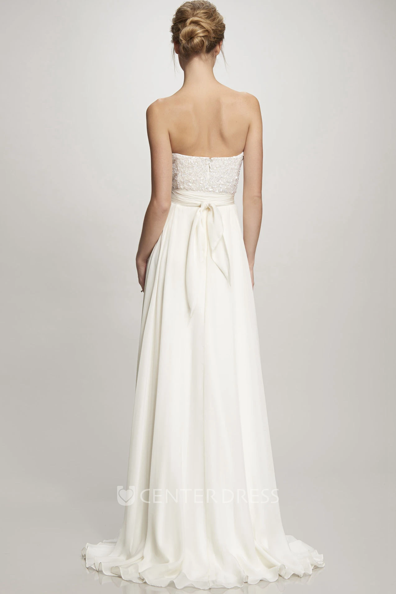 Sweetheart Floor-Length Beaded Bowed Chiffon Wedding Dress With Brush Train