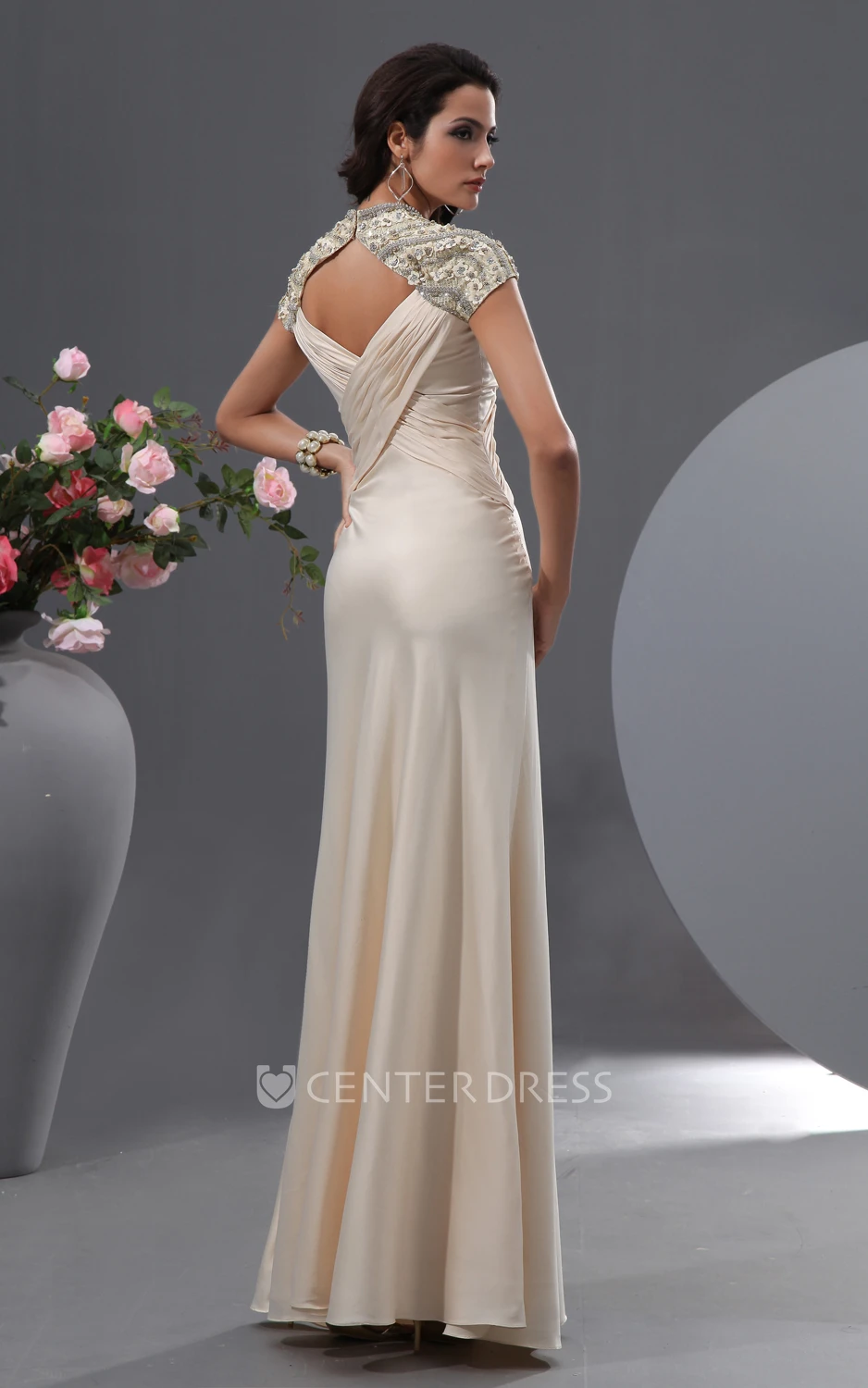 Graceful Queen Anne Evening Gown With Cap-Sleeves Beading