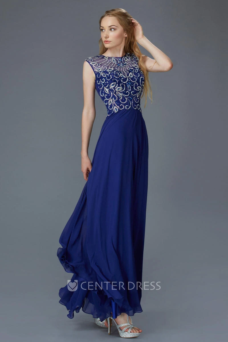 Sheath Jewel-Neck Sleeveless Chiffon Dress With Beading And Pleats