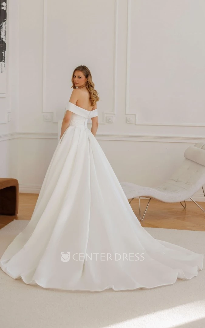 A Line Modern Satin Solid Off-Shoulder Wedding Elegant Sweetheart Floral Ball Gown with Chapel Train