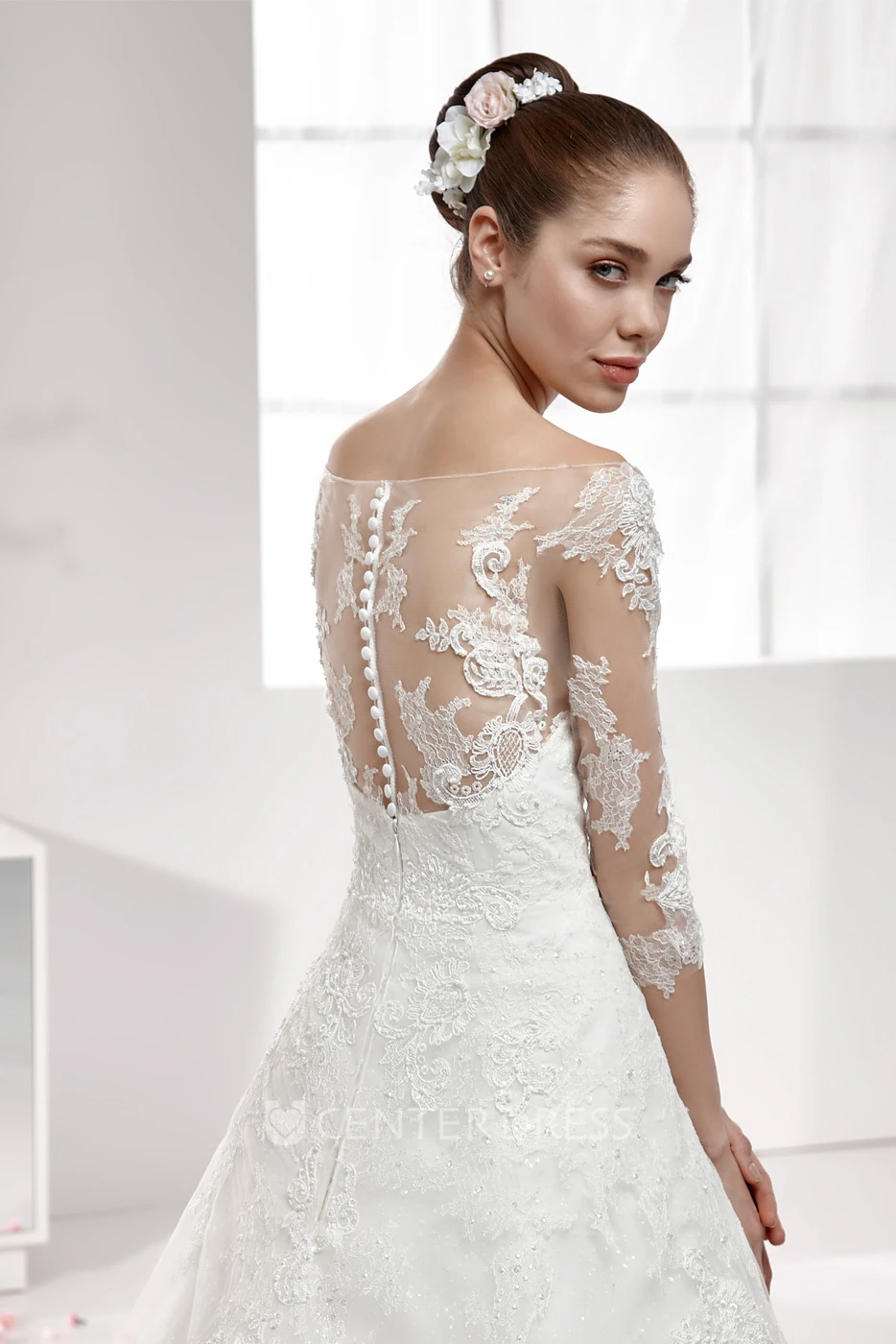 Off-shoulder A-line Lace Wedding Dress with Half Sleeves and Illusive Design