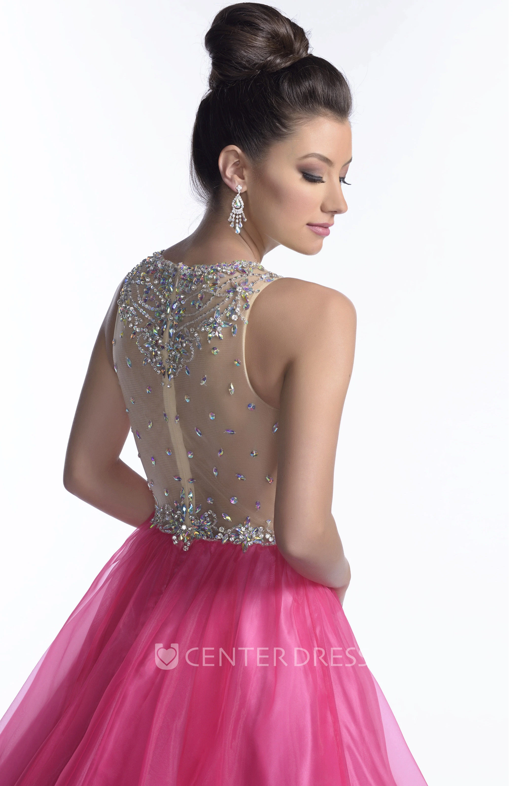 A-Line Tulle Sleeveless Prom Dress With Lace Bodice And Shining Rhinestones