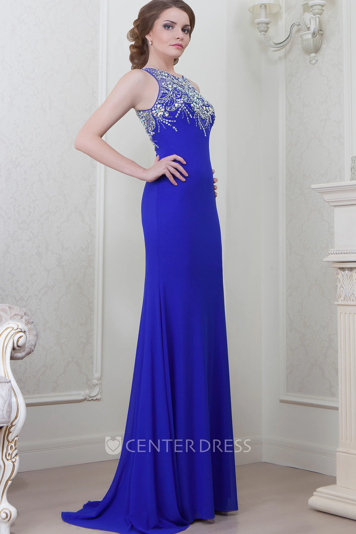 Sheath Beaded Scoop-Neck Sleeveless Floor-Length Jersey Evening Dress